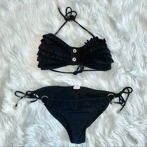 Black Ruffle Adjustable Bikini Swim Bathing Suit Ruffled Halter Swimsuit Small